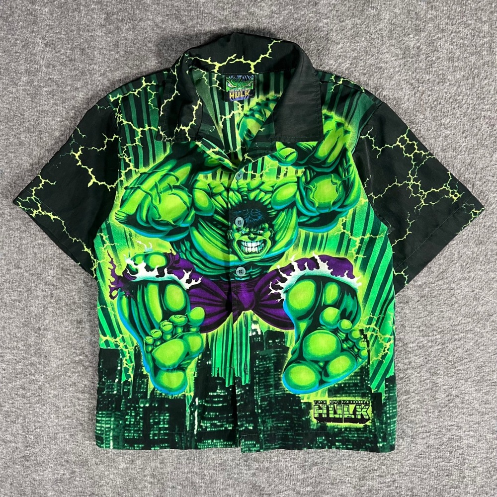 Vintage 2002 Marvel The Incredible Hulk Kids Shirt S/P Green Button Down
